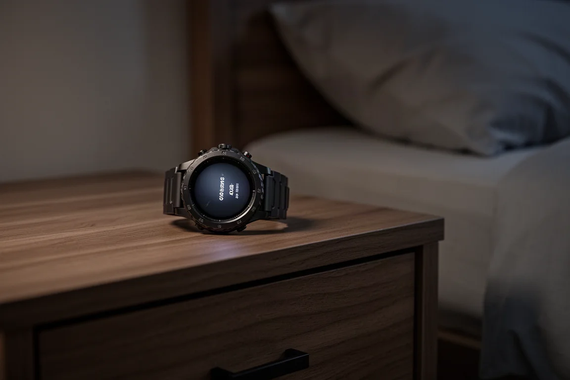 Smartwatch su un comodino che si illumina delicatamente in una camera da letto buia