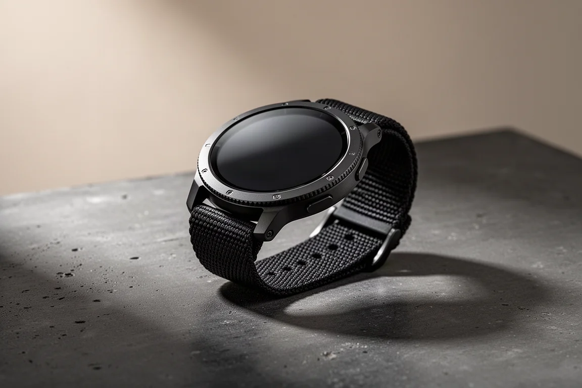Apple Watch Ultra 2 Black w czarnym tytanie ze wstążkowym paskiem na ciemnym betonie