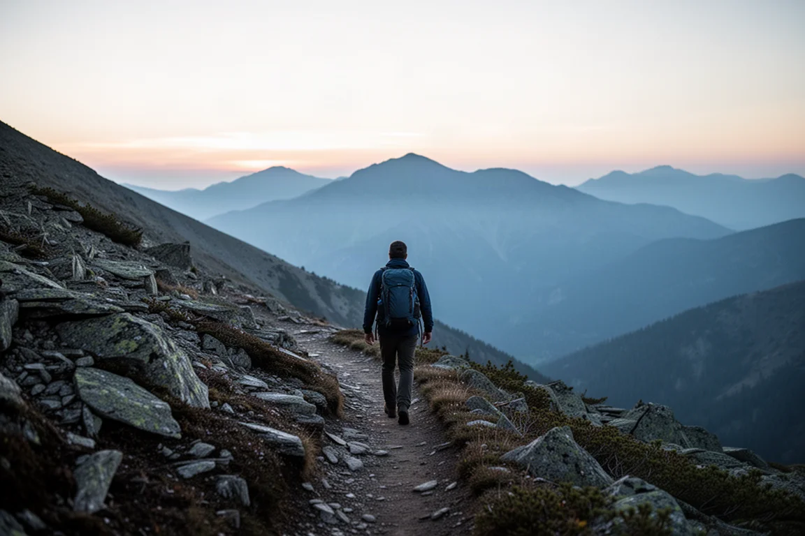 Wanderer auf einem steinigen Bergpfad in der Dämmerung mit fernen Bergkämmen im sanften Dunst