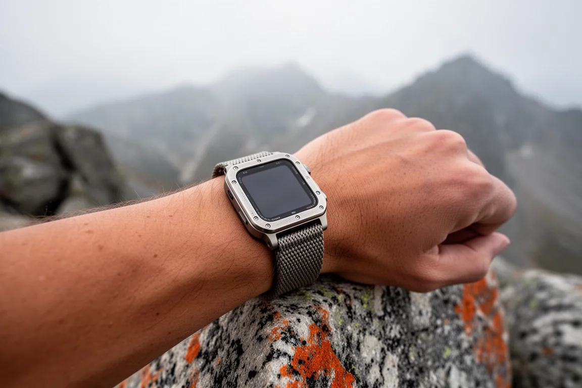 Handgelenk mit robuster Titan-Smartwatch auf einem steinigen Grat mit Bergen im Hintergrund