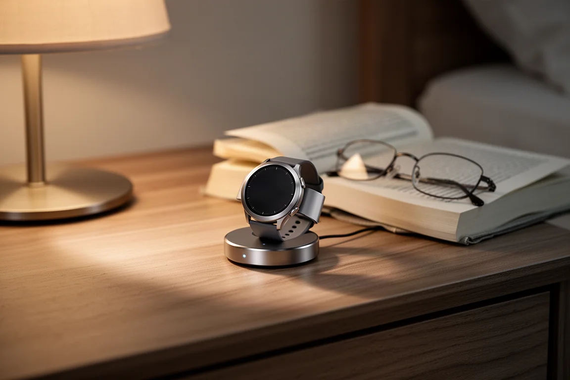 Smartwatch auf einem Ladepuck auf einem hölzernen Nachttisch im warmen Lampenlicht