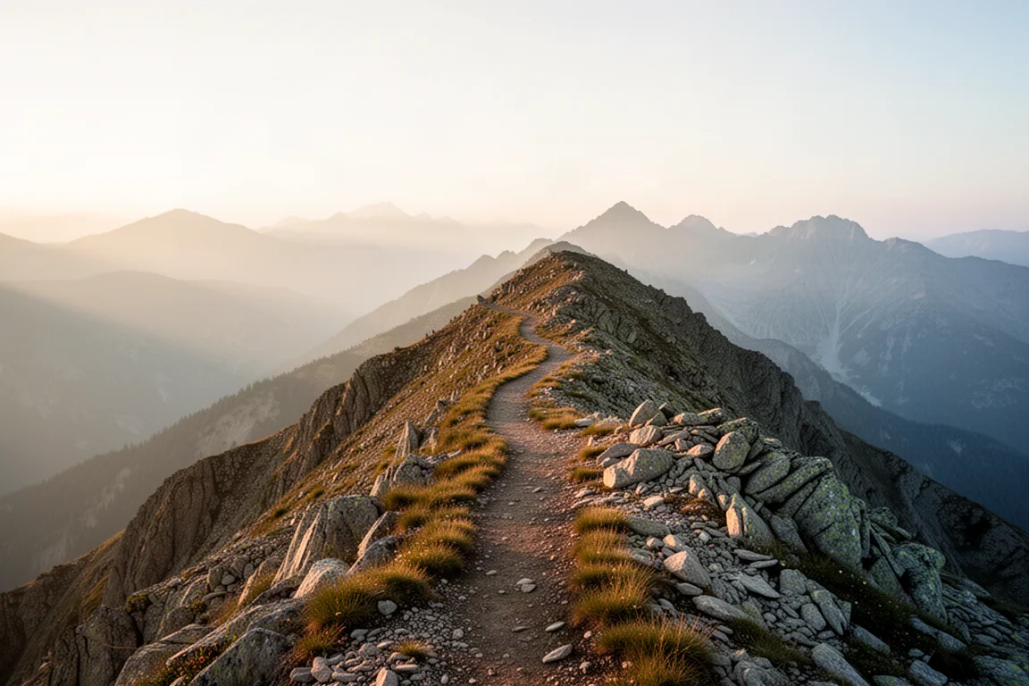 Steiniger Alpengrat bei Sonnenaufgang mit gestaffelten Bergen und einem schmalen Pfad