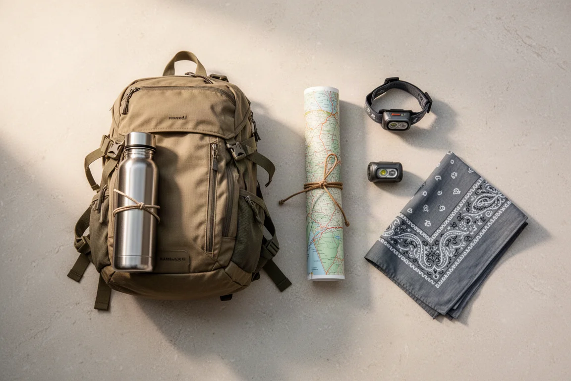 Draufsicht auf Tagesrucksack, Wasserflasche und aufgerollte Karte auf Stein