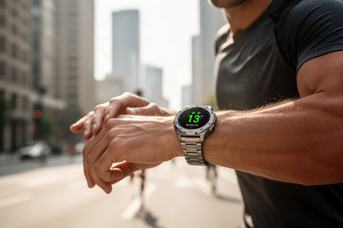 Runner checking a bright smartwatch display in direct sunlight