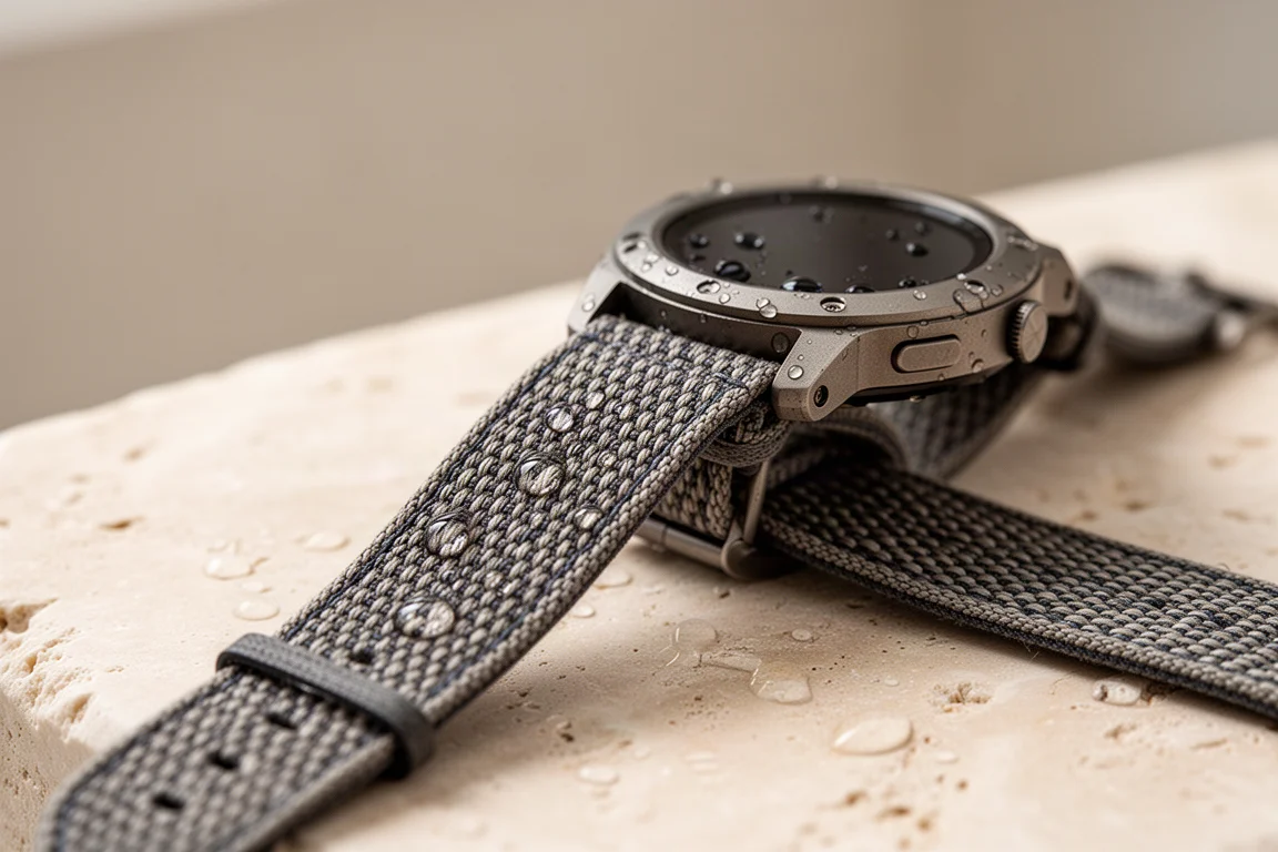 Close-up of a woven trail running watch strap drying after a swim
