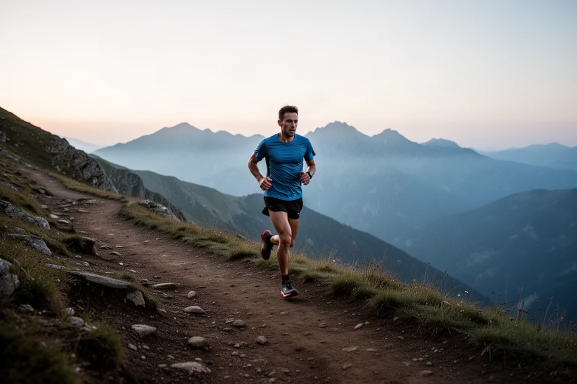 Trail runner on a mountain path during a long ultramarathon outing