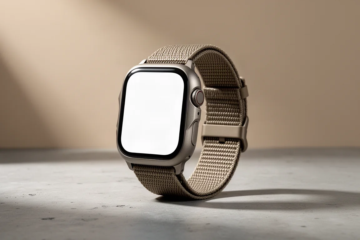 Rugged titanium sports smartwatch with woven strap on a concrete surface