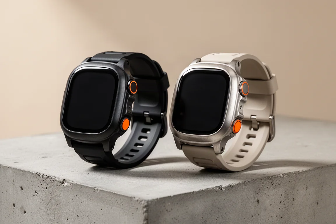 啞黑色與天然鈦金屬 Apple Watch Ultra 2 並排放於混凝土表面上
