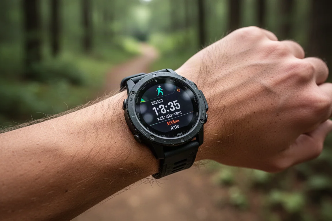 Tela de smartwatch mostrando um treino de corrida com GPS ativo durante um trail run longo
