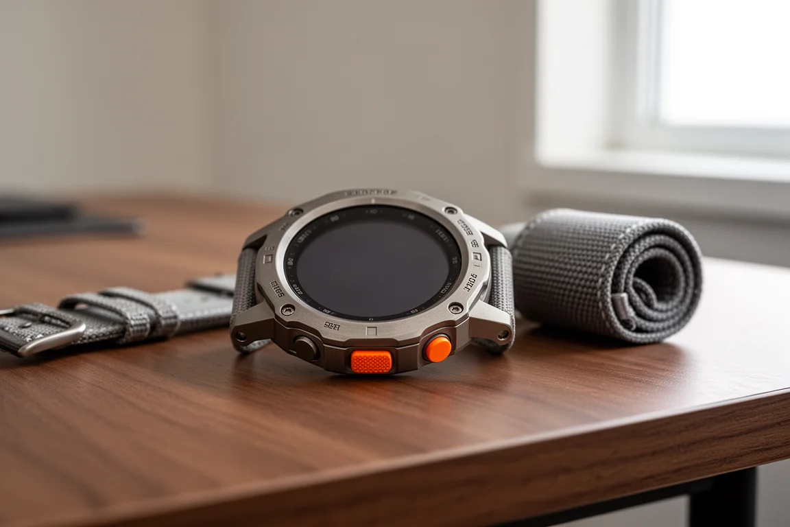 Apple Watch Ultra 2 鈦金屬錶殼配橙色動作按鈕,放在木桌上