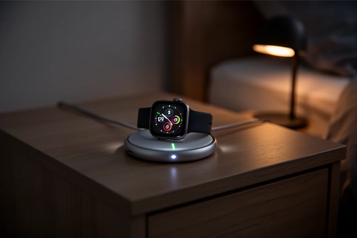 智能手錶放在充電盤上,夜間在昏暗房間內柔光閃爍
