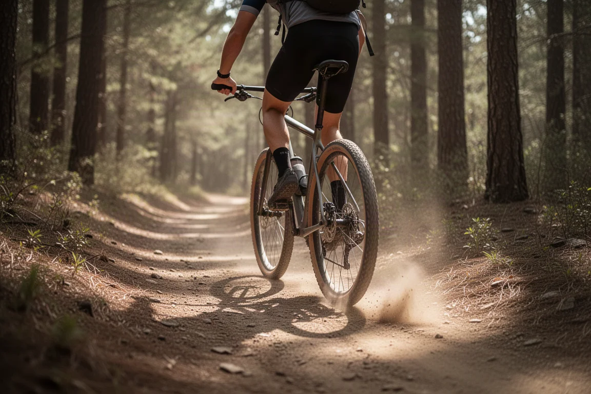 單車手騎乘 gravel 單車穿越樹木間的崎嶇泥路