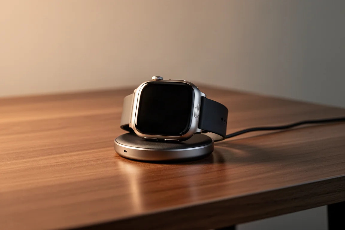 Smartwatch ładujący się na podstawce w miękkim wieczornym świetle
