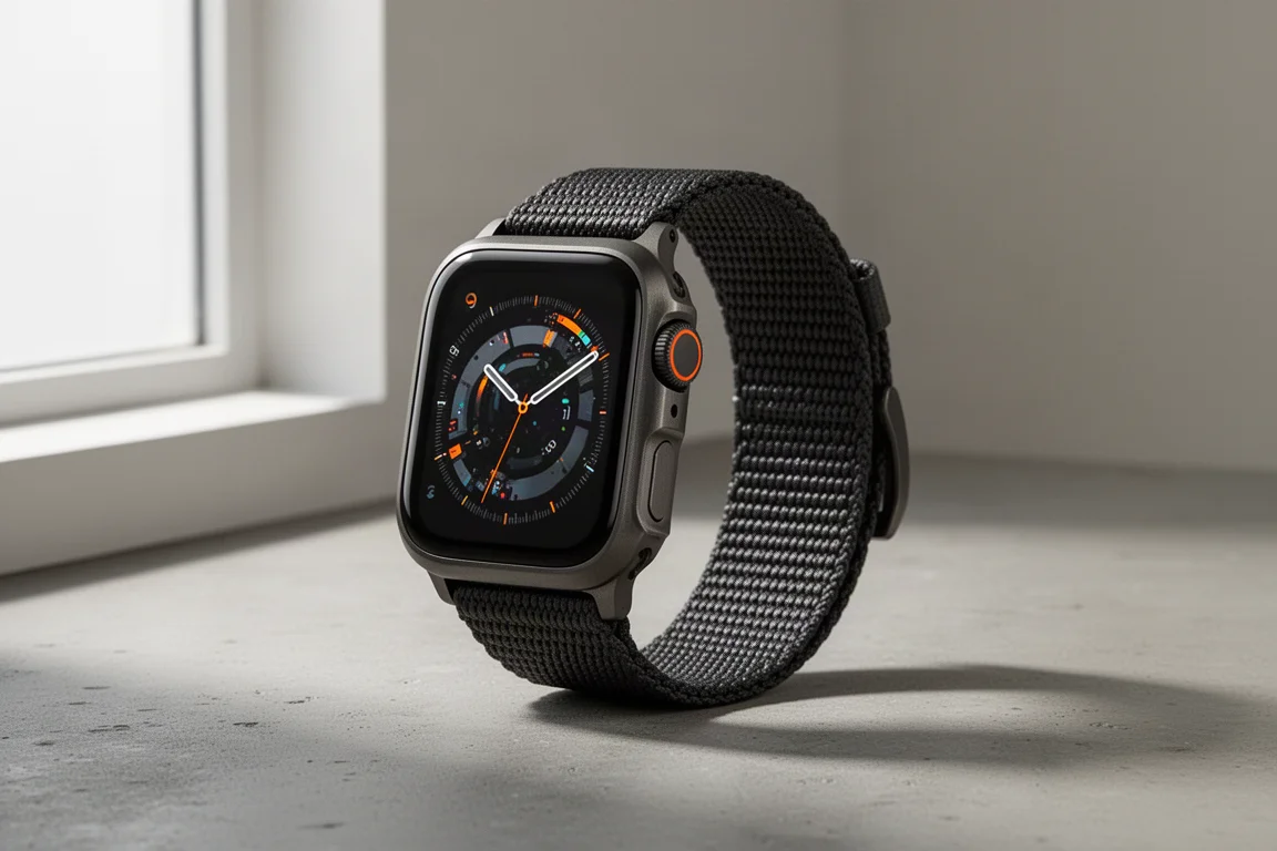 Rugged black titanium smartwatch with woven nylon strap on concrete surface