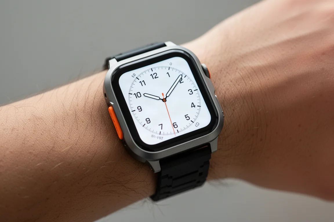 Robusto quadrante in titanio di uno smartwatch che brilla al crepuscolo su un tavolo di legno