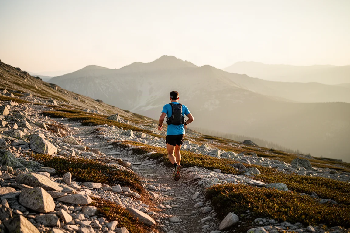 Corridore che controlla i dati del passo su un orologio da polso durante una maratona cittadina