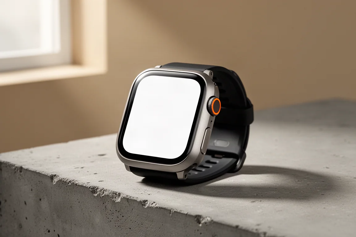 Apple Watch Ultra 3 堅固智能手錶，以四分之三角度擺放於混凝土表面上