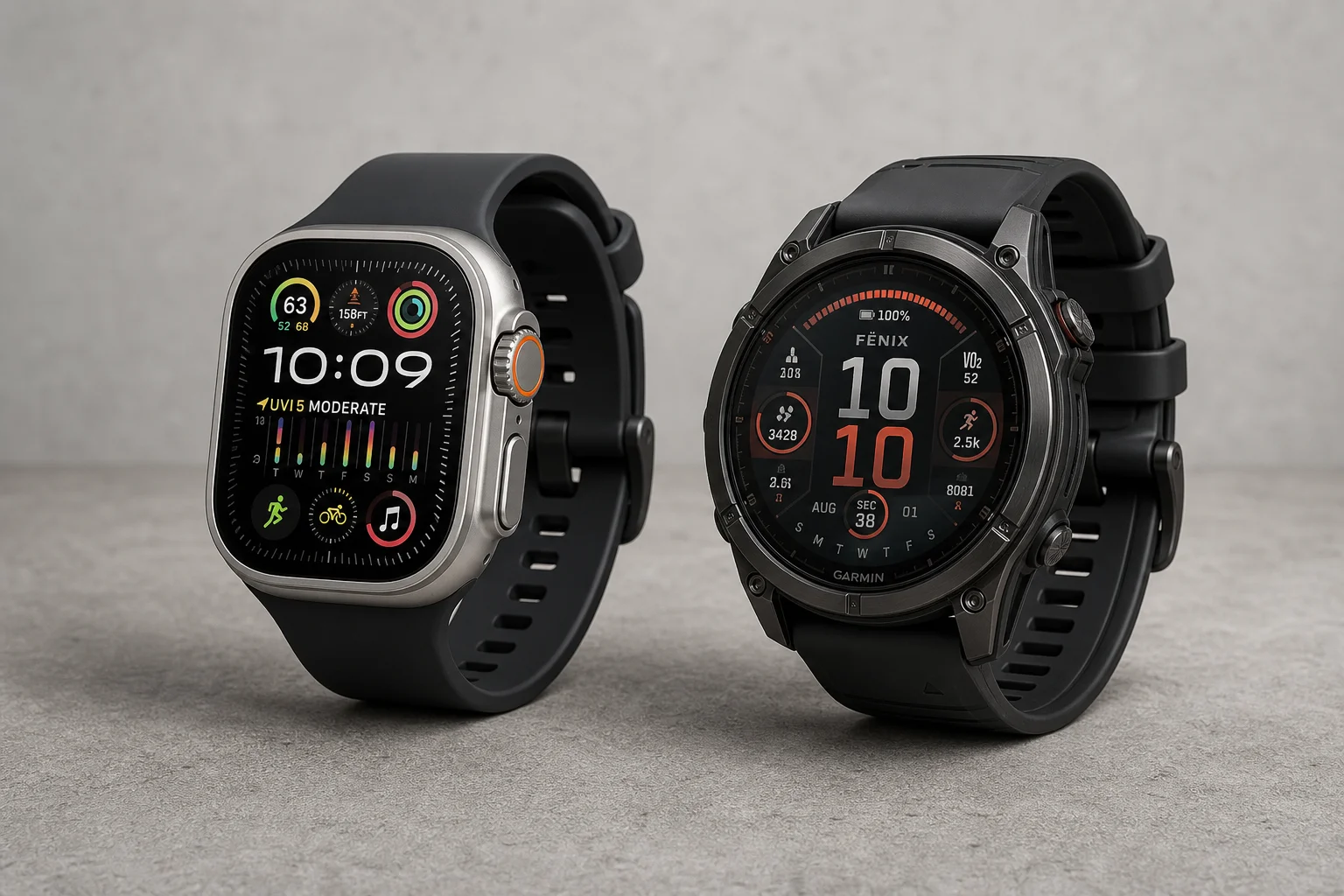 Apple Watch Ultra 3 與 Garmin 多項運動手錶並排放在水泥地上