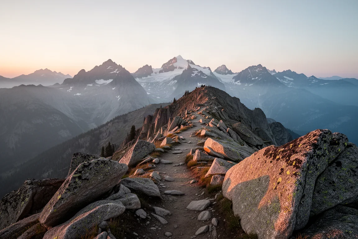 High alpine ridge at dusk with a narrow trail winding between granite boulders
