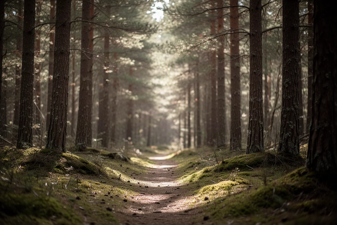 Dense pine forest canopy with daylight filtering onto a moss-covered trail
