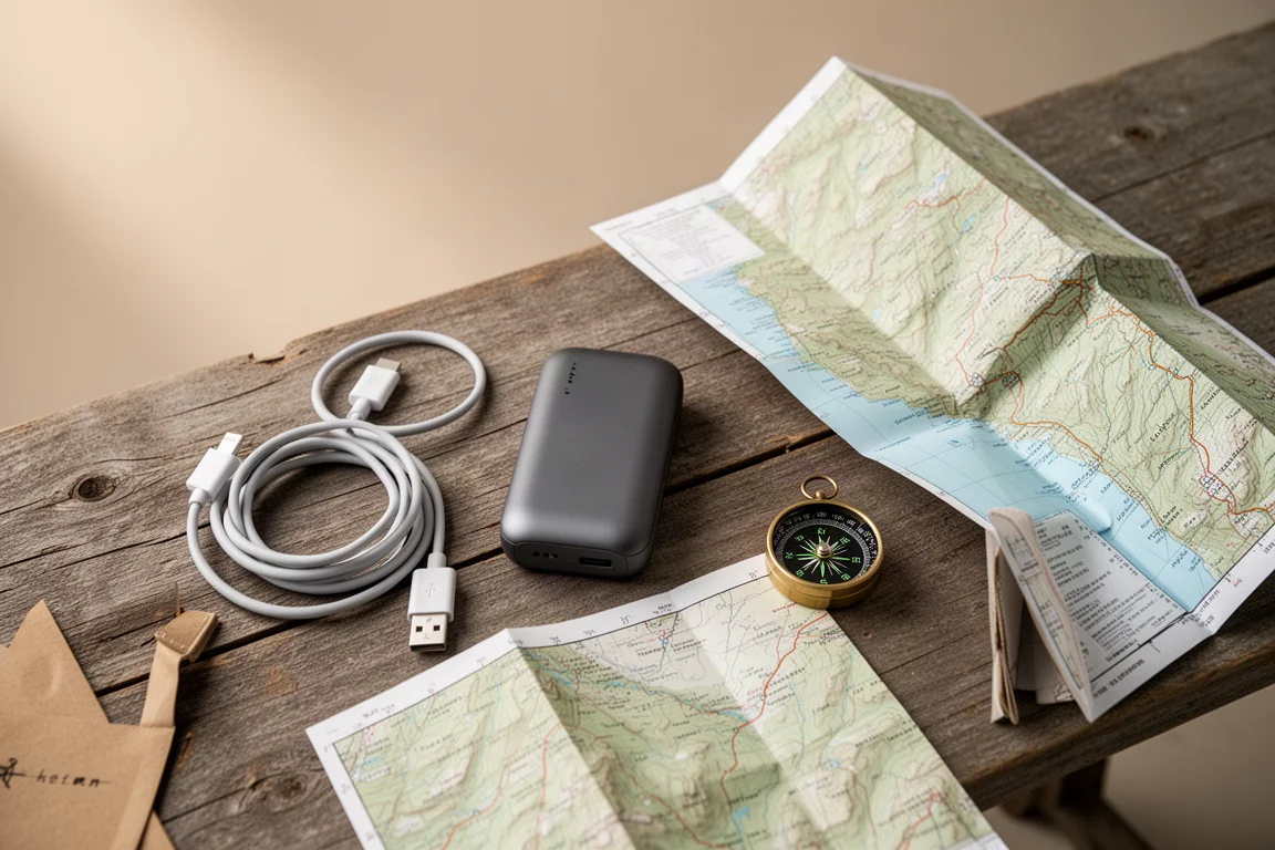 Overhead flat-lay of a charging cable, power bank, topo map, and compass on weathered wood