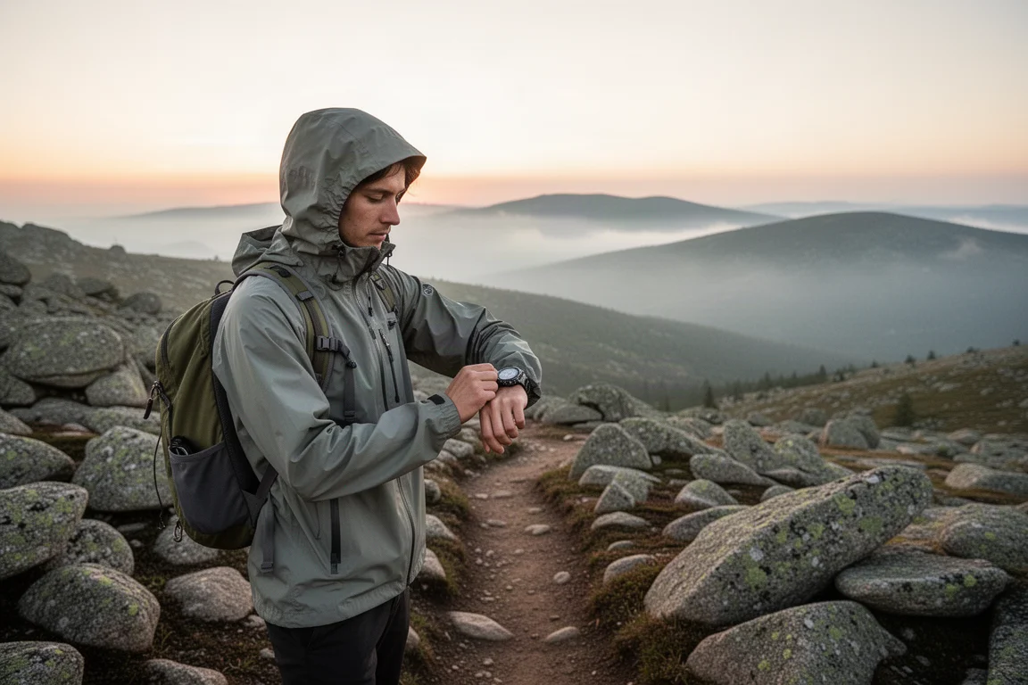 Escursionista che controlla un robusto smartwatch su un sentiero di montagna all'alba