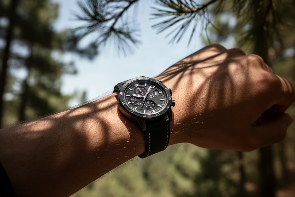 Orologio multisport rotondo inclinato verso il cielo in una radura nel bosco