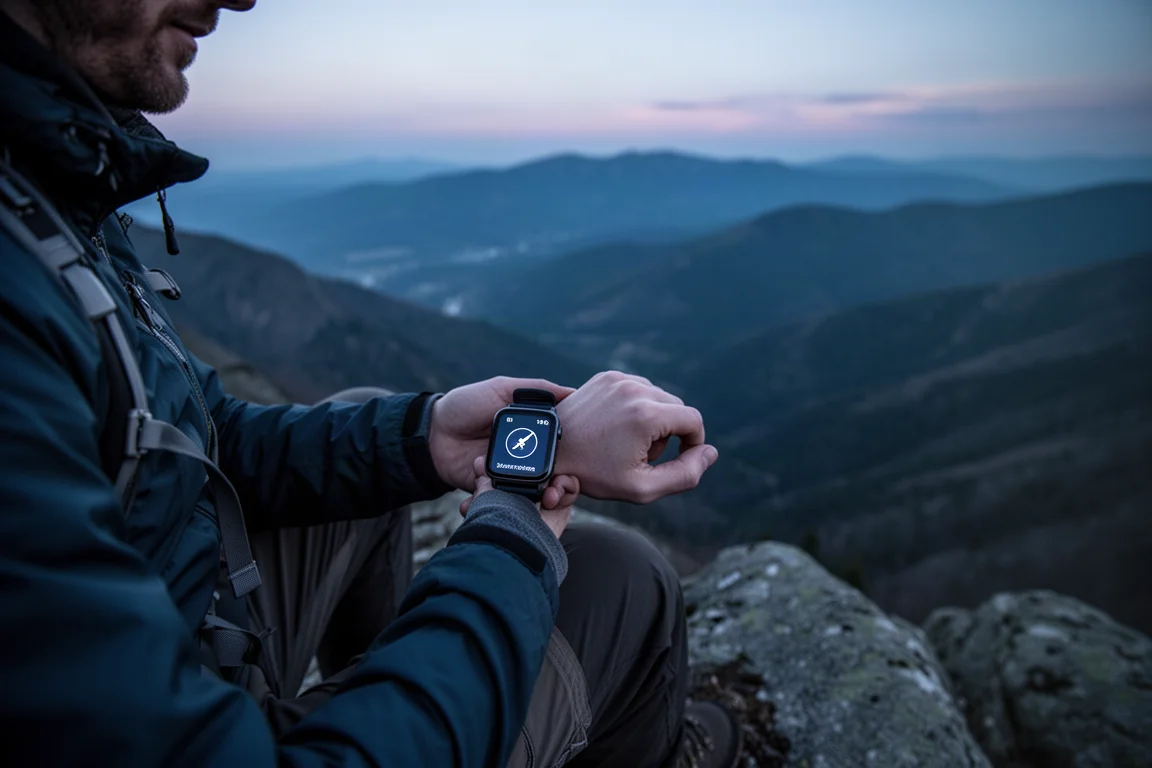 Escursionista seduto su un affioramento roccioso che controlla uno smartwatch al crepuscolo