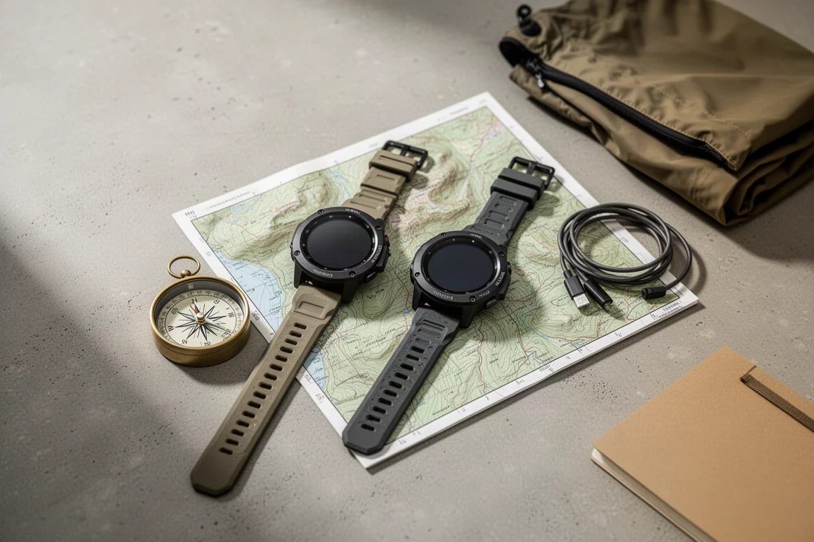 Due smartwatch robusti su una mappa topografica con bussola e cavo