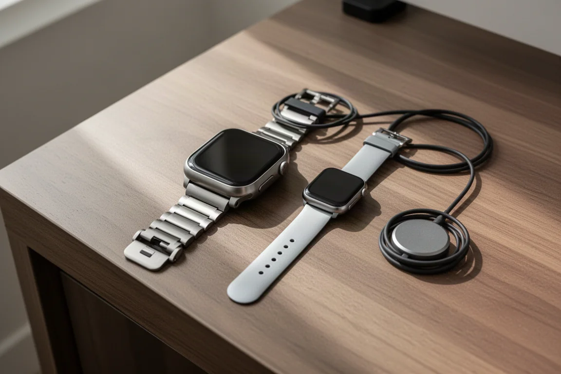 Dos smartwatches sobre un escritorio con sus cables de carga cerca