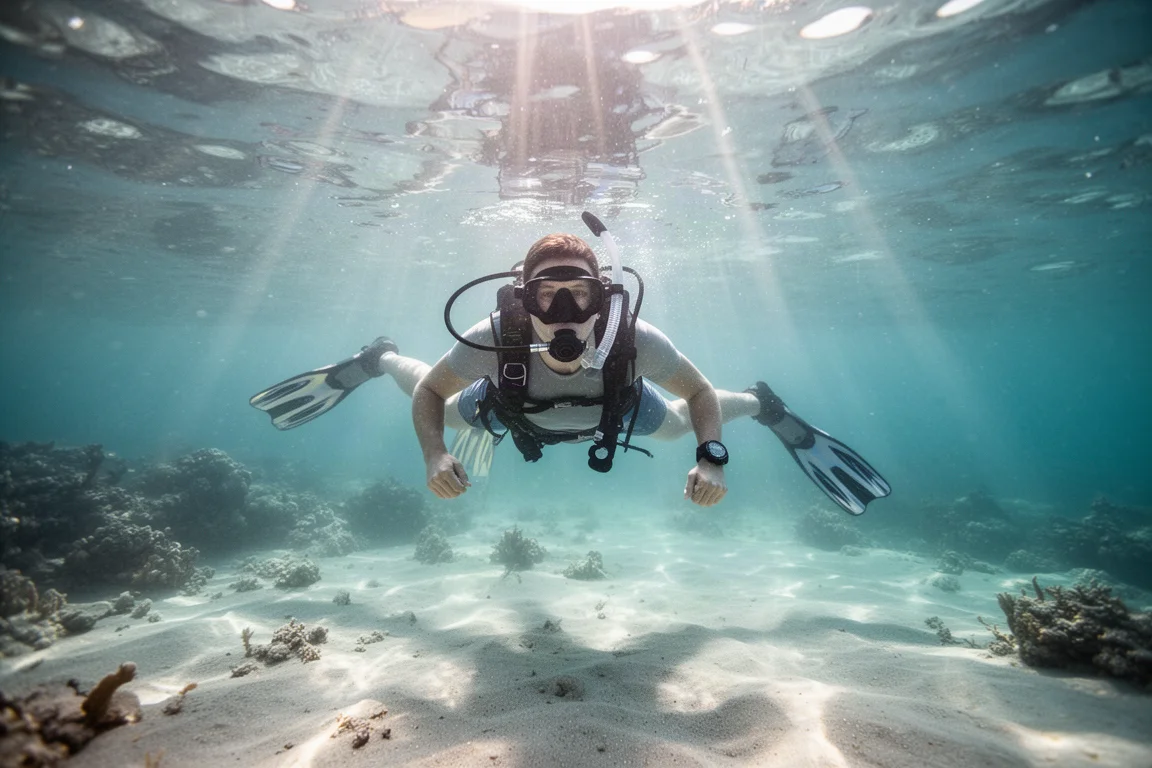 Snorkelista nadando cerca de la superficie sobre un arrecife poco profundo