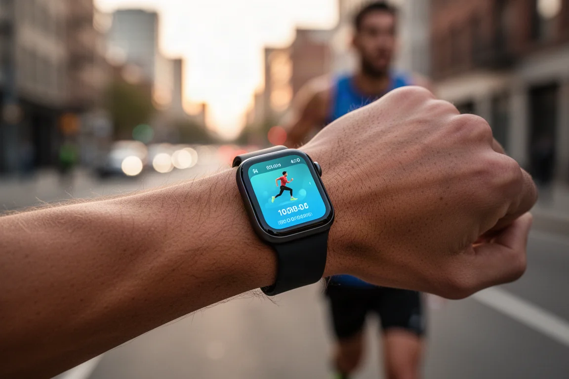 Atleta haciendo un ejercicio al aire libre mientras mira un smartwatch en la muñeca