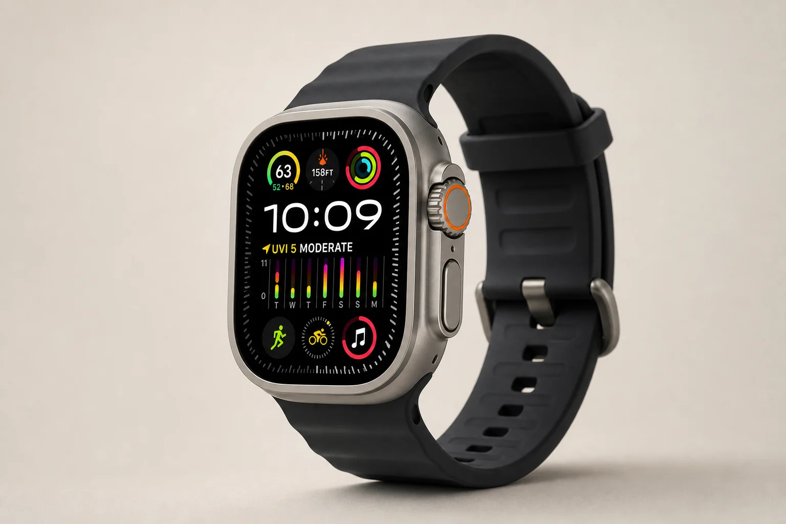 Apple Watch Ultra 3 och en multisportklocka från Garmin sida vid sida på betong