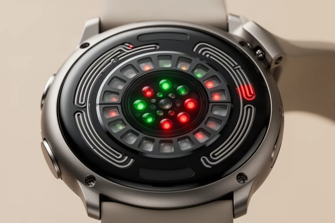 Primo piano del retro di uno smartwatch con un array ridisegnato di sensori ottici per la frequenza cardiaca