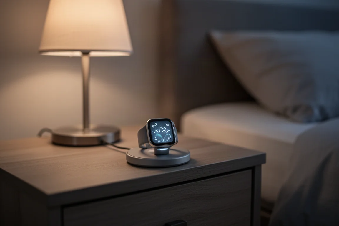 Quadrante di smartwatch di notte con metriche di salute notturne accanto a un letto