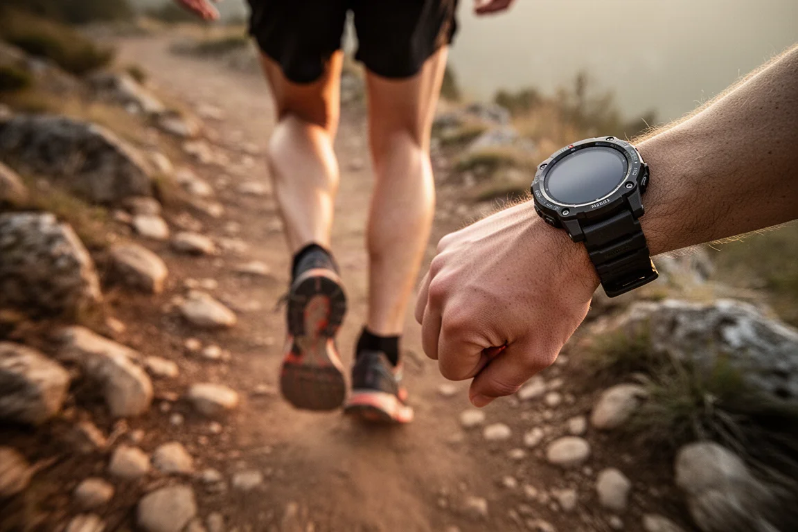 Atleta che corre un lungo allenamento in trail con uno smartwatch al polso
