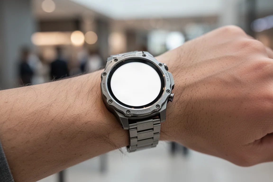 Smartwatch al polso con schermo luminoso in un ambiente interno affollato