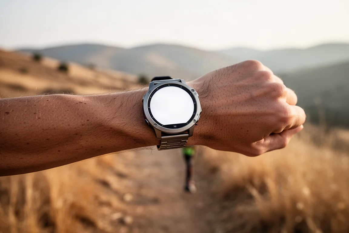 Robuust smartwatch om een pols tijdens een trailrun in de buitenlucht