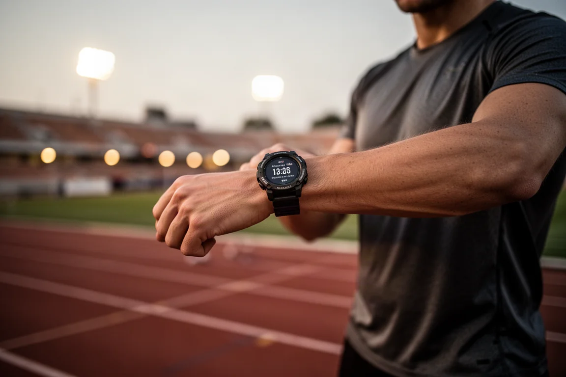 Atleet die na een zware training op een smartwatch kijkt in de schemering