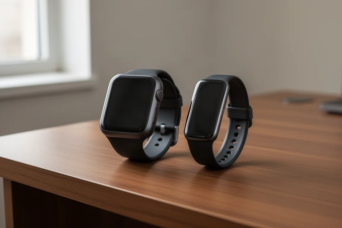 Due smartwatch affiancati su una scrivania in legno con quadranti diversi