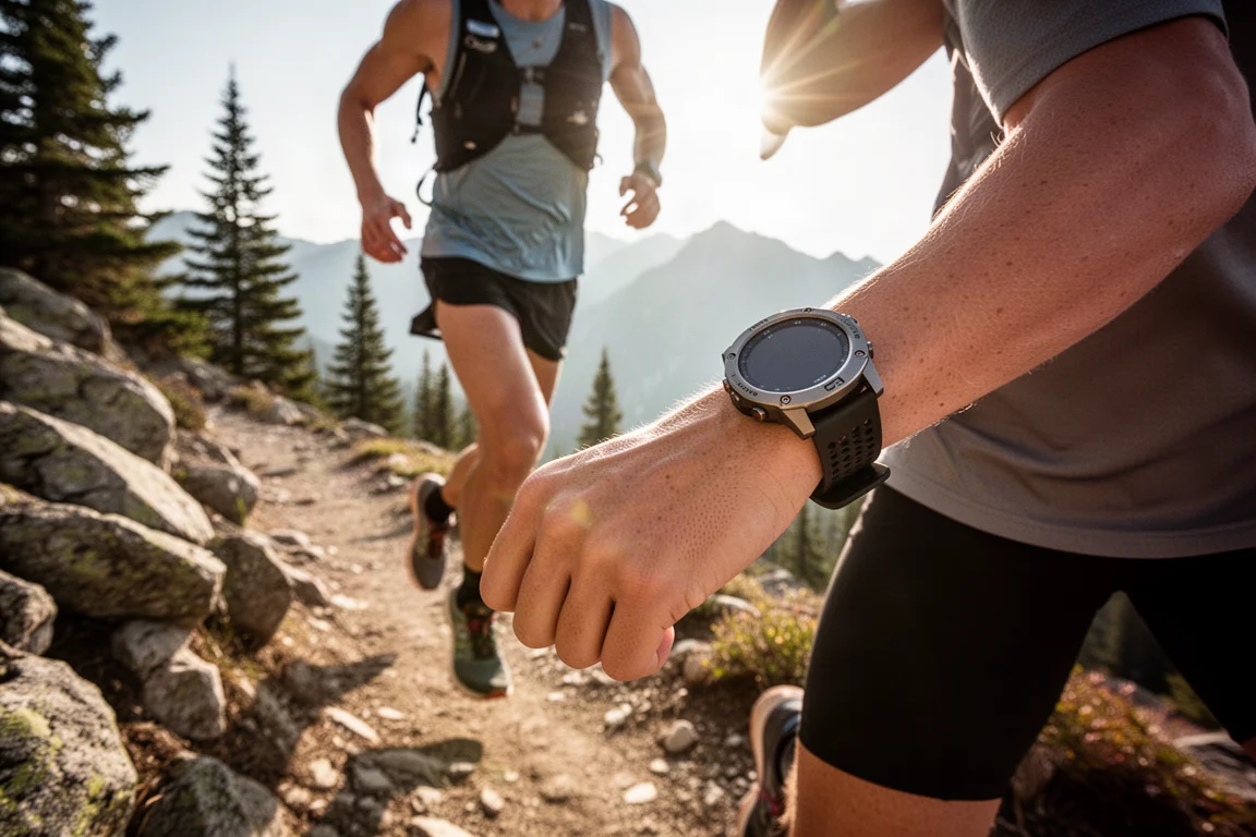 Trail runner su un sentiero di montagna sotto un sole brillante con uno smartwatch robusto al polso