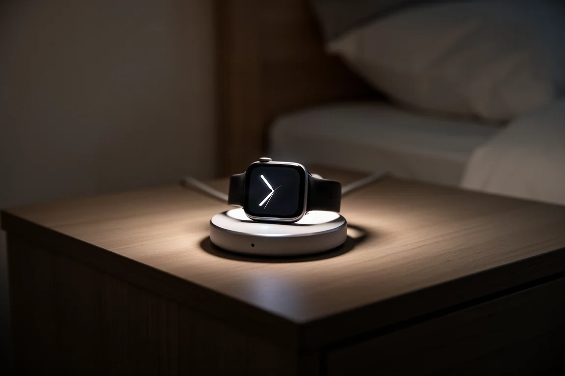 Smartwatch su un caricatore a disco che si illumina timidamente in una camera da letto buia di notte