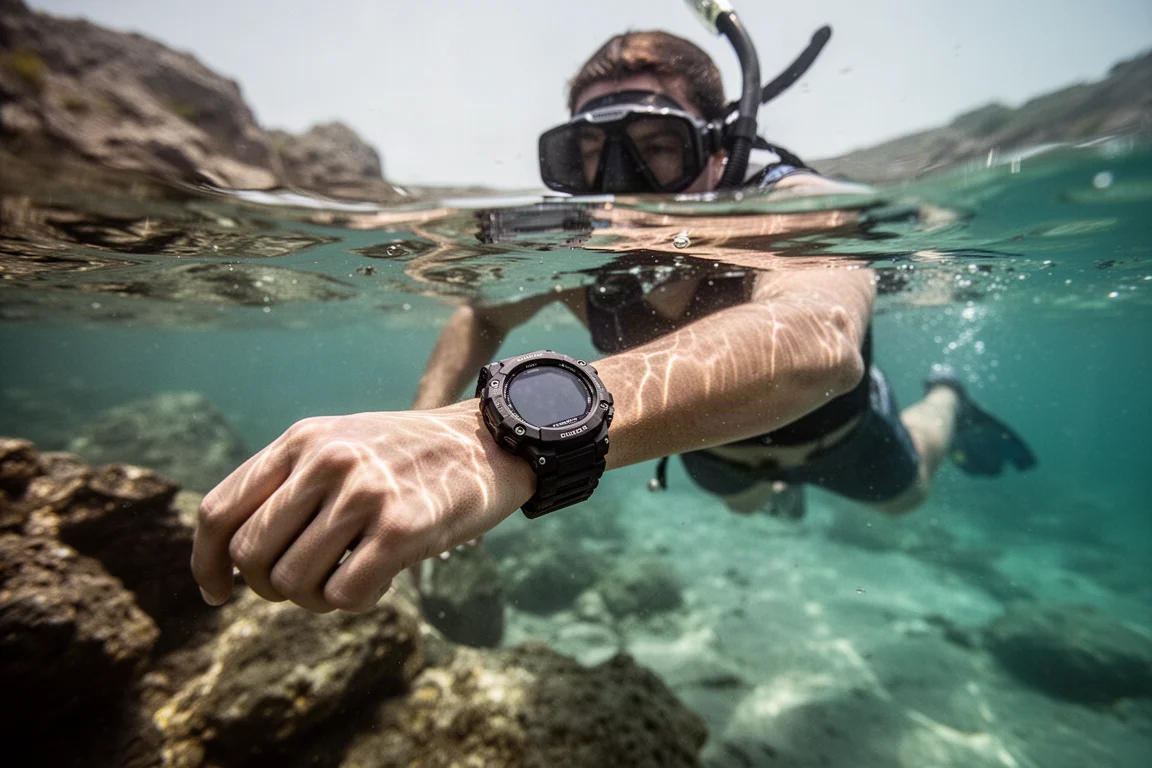 Nuotatore con maschera che nuota in un'acqua costiera azzurra e limpida con uno smartwatch robusto al polso