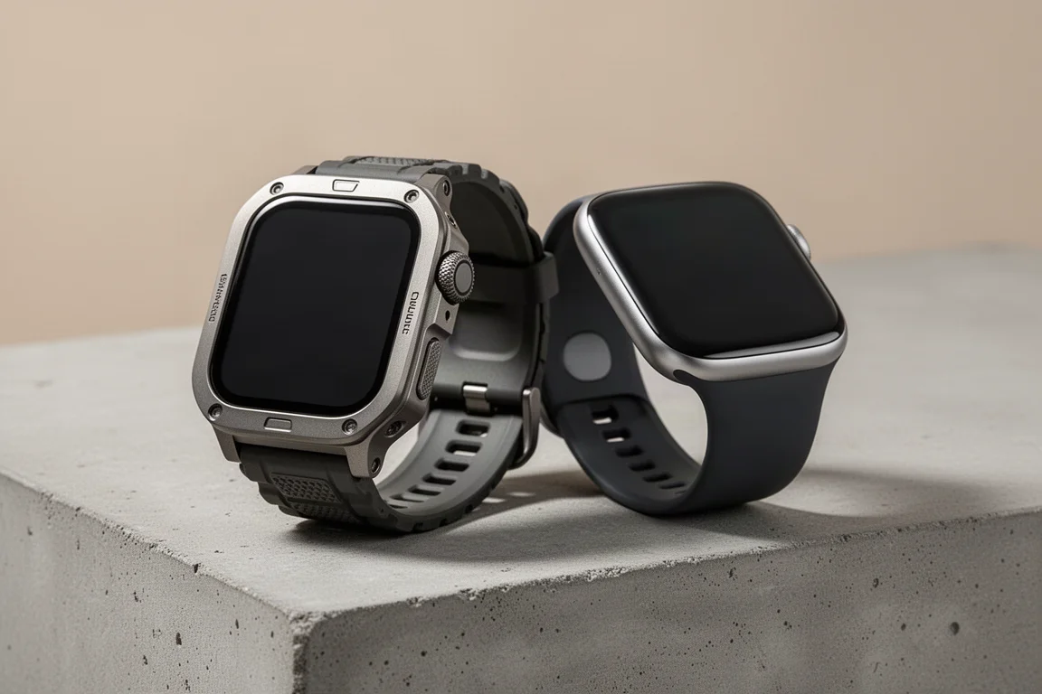 Due modelli di Apple Watch affiancati, un orologio robusto in titanio e uno sottile in alluminio