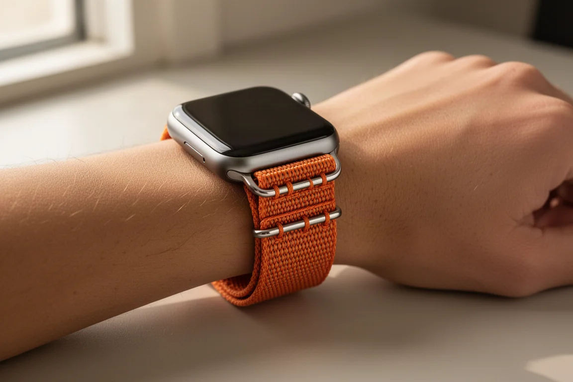Fabric loop watch band being secured on a wrist