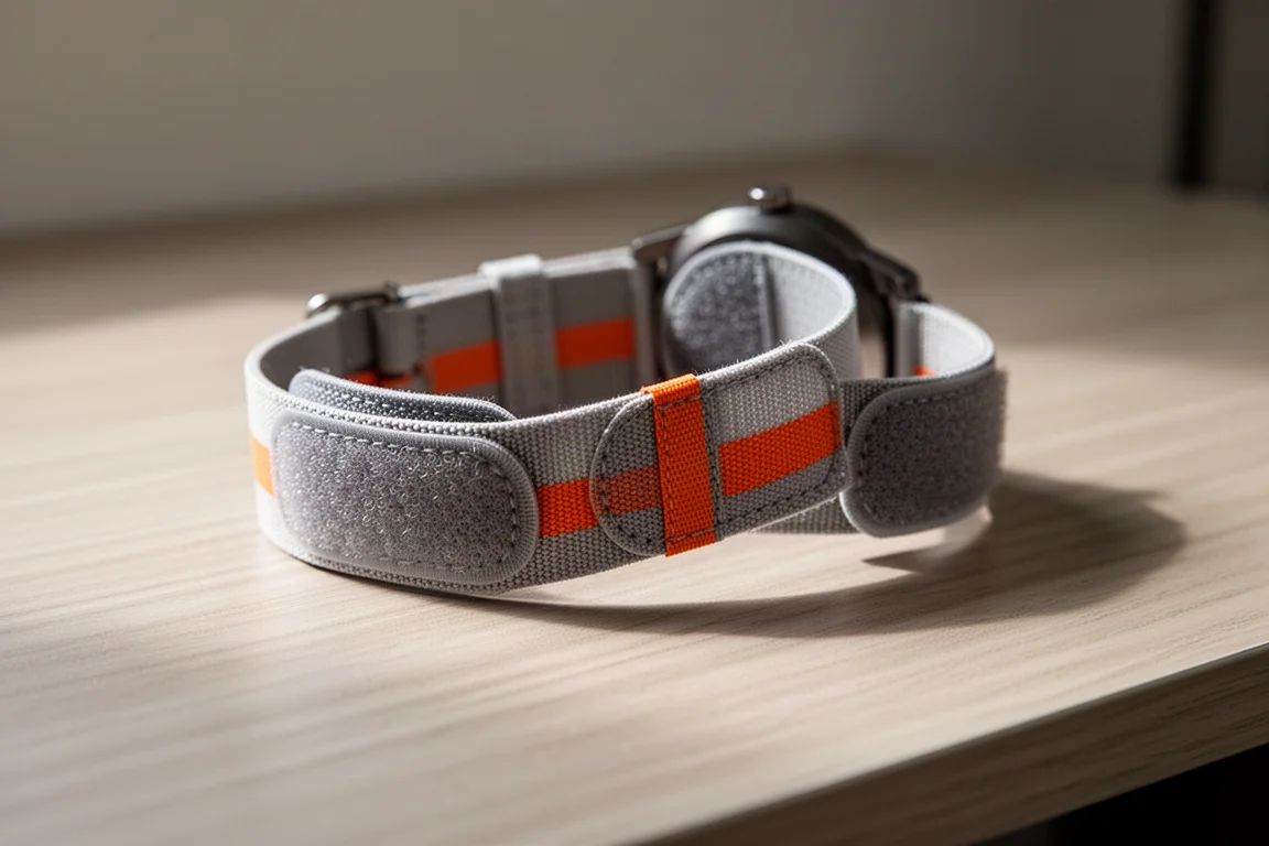 Thin fabric watch band with velcro fastening detail
