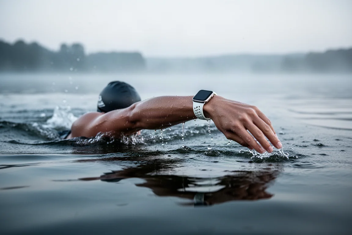 Swimmer in open water wearing a smartwatch