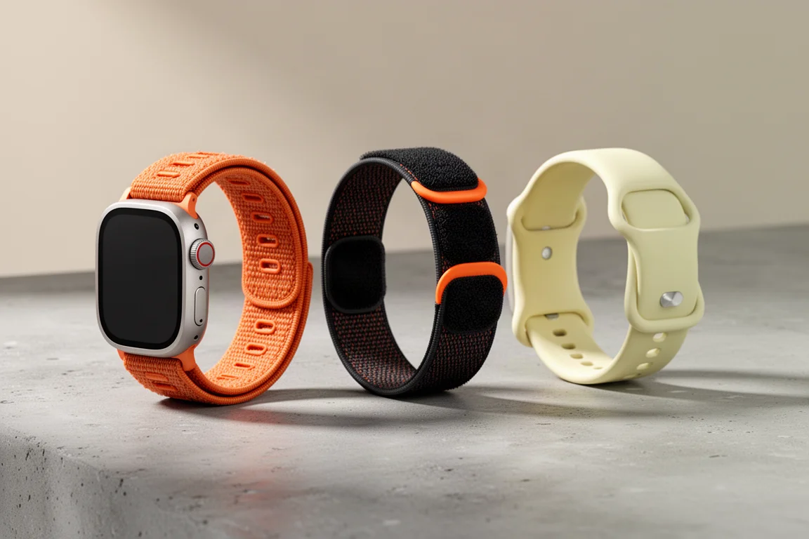 Three Apple Watch Ultra band options laid out side by side on a concrete surface