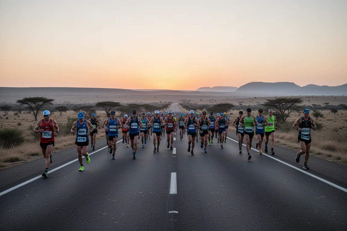 Corridori di ultramaratona su una strada aperta nelle prime ore del mattino prima dell'alba