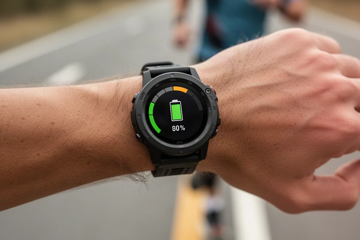 Primo piano della schermata della percentuale di batteria di uno smartwatch durante una corsa lunga